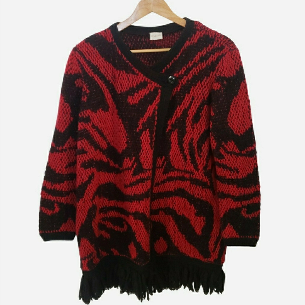 Chicos Wool Blend Red Black Knit Sweater Wrap Cardigan Button Fringe Wrap